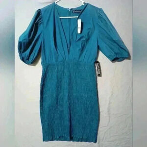 New York & Company Smocked Neck Puff Sleeve V Neck Dress Sz M Green Preppy